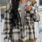 Plaid Patch Hooded Frayed Snap Button Jacket