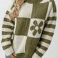 Checkered Floral Print Striped Sleeve Sweater