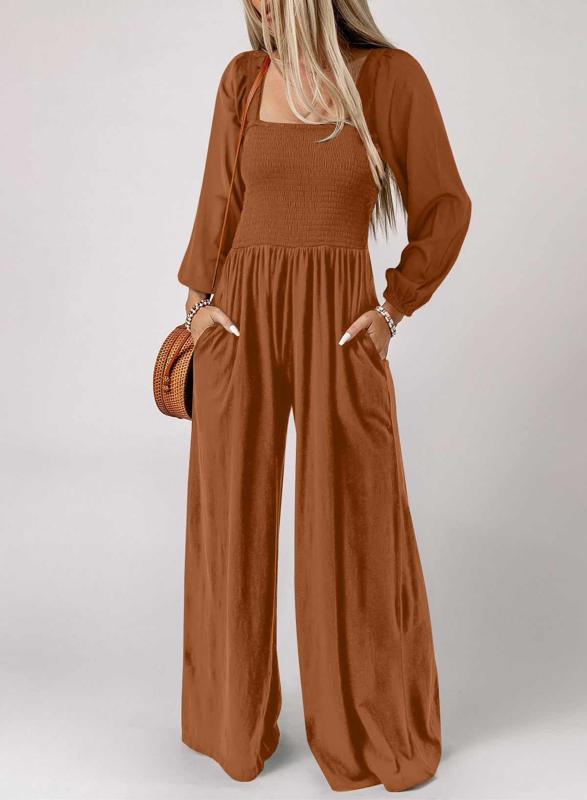 Smocked Square Neck Wide Leg Jumpsuit