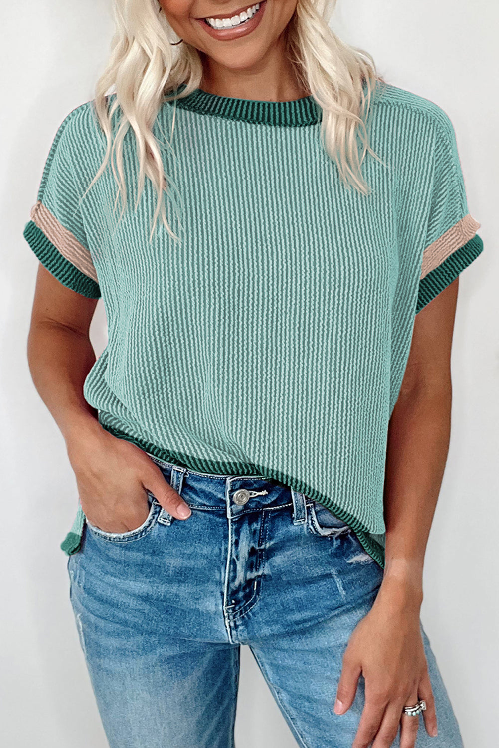 Ribbed Contrast Trim Round Neck T Shirt