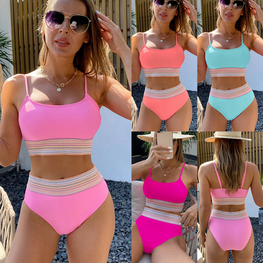 Striped Patchwork Spaghetti Strap High Waist Bikini