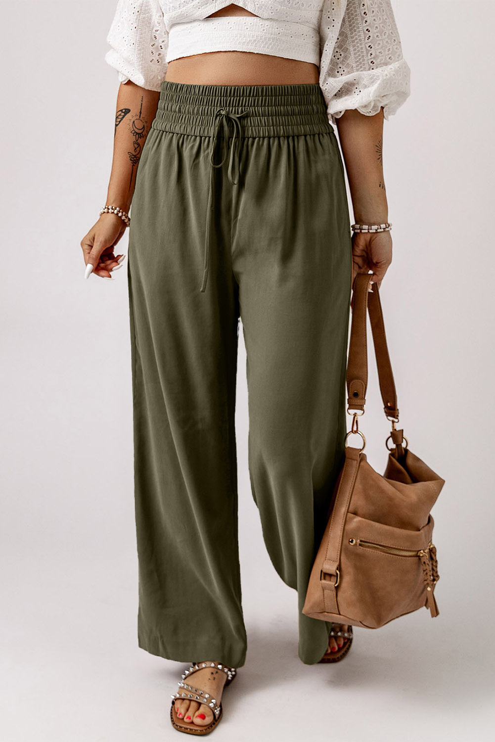 Drawstring Elastic Waist Wide Leg Pants