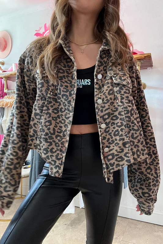 Khaki Leopard Raw Hem Cropped Jacket