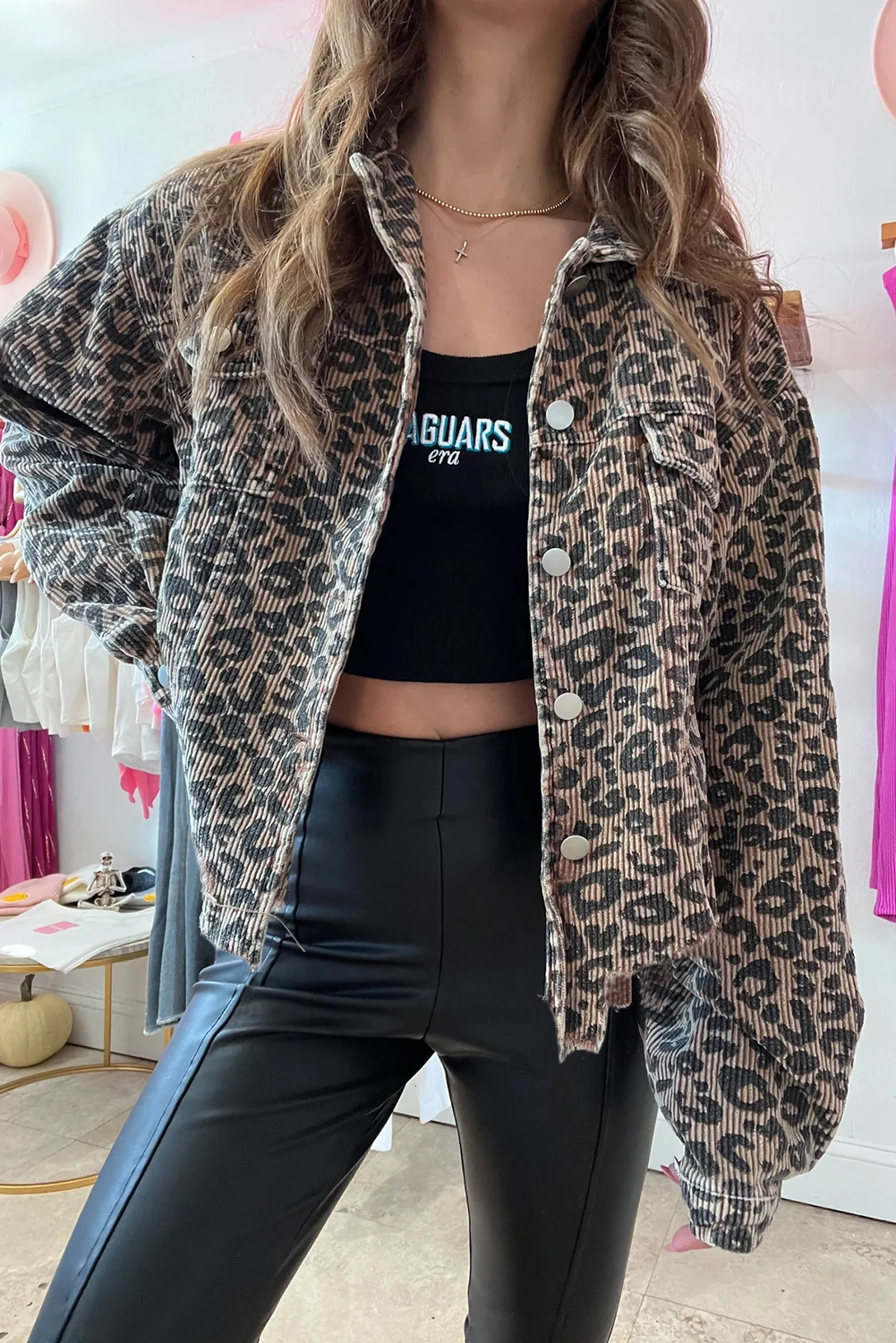 Khaki Leopard Raw Hem Cropped Jacket