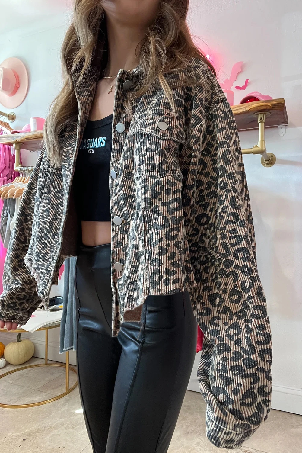 Khaki Leopard Raw Hem Cropped Jacket