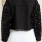 Sequin Sleeve Pocketed Raw Hem Denim Jacket