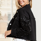 Sequin Sleeve Pocketed Raw Hem Denim Jacket