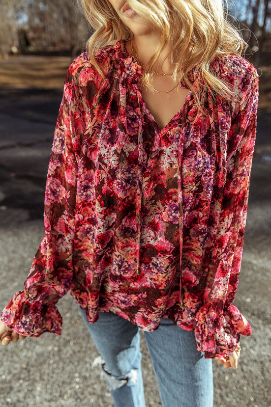 Floral Drawstring Ruffled Blouse