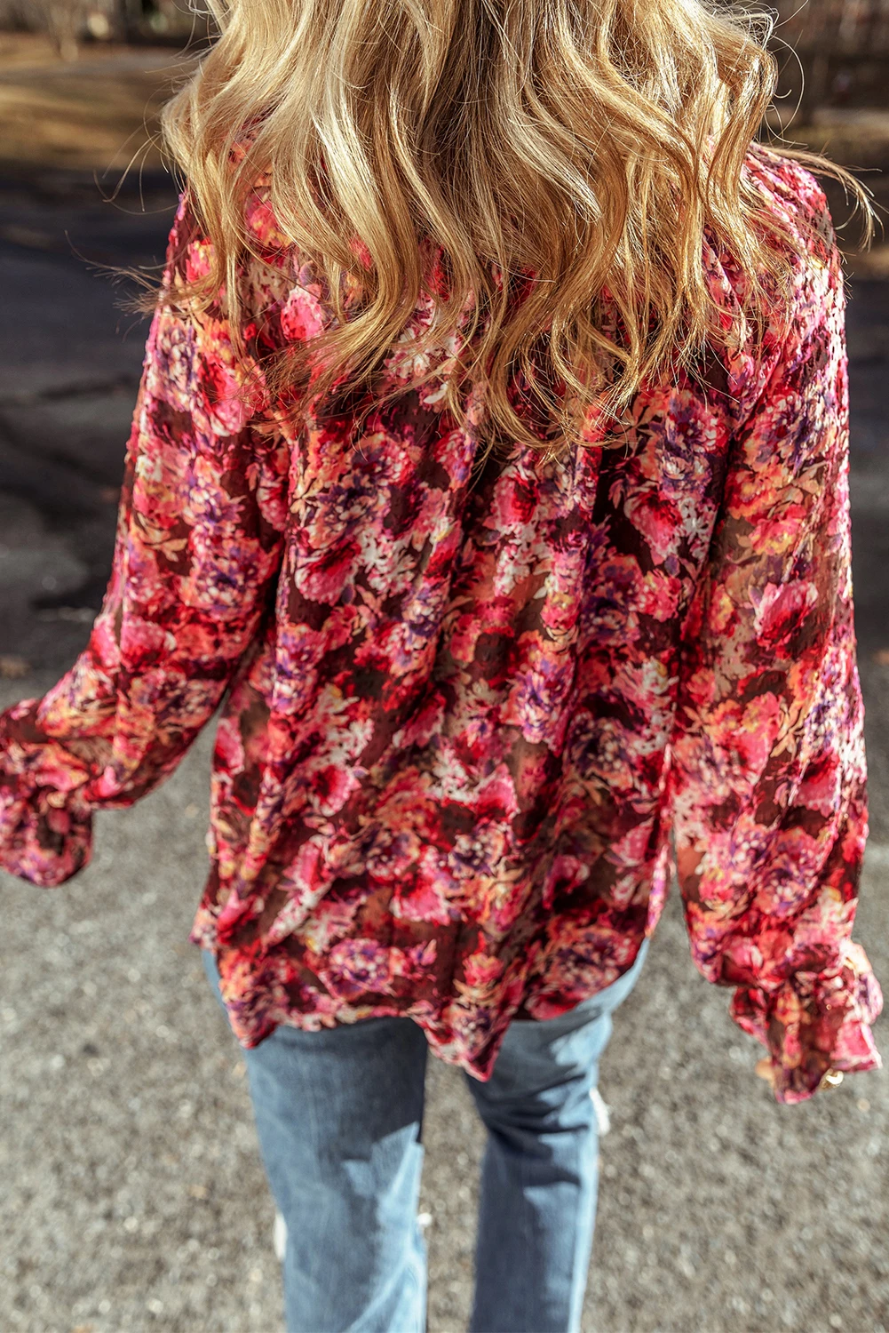 Floral Drawstring Ruffled Blouse