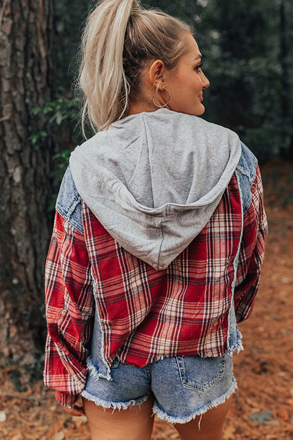 Plaid Patchwork Hooded Denim Jacket