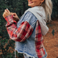 Plaid Patchwork Hooded Denim Jacket