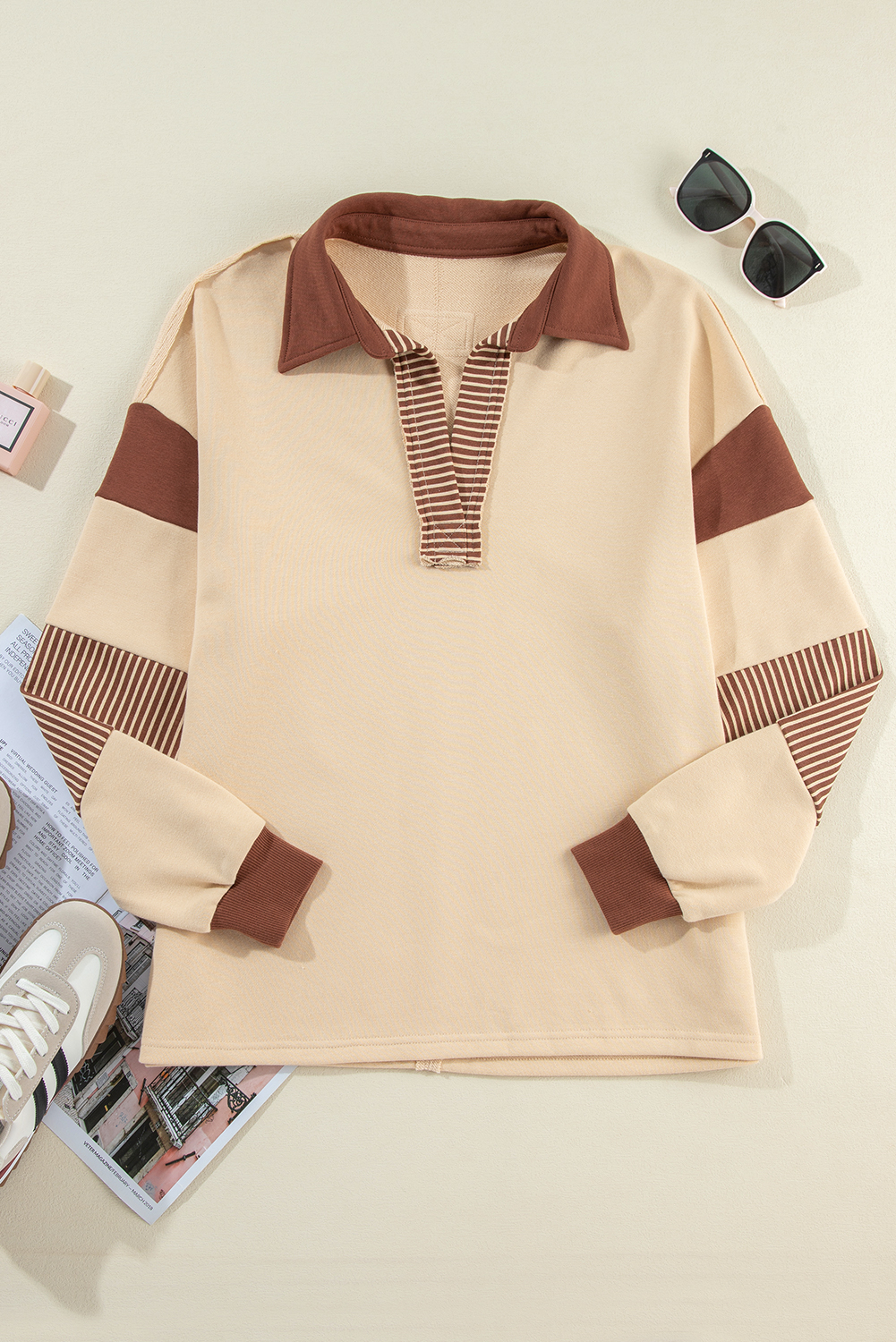 Striped Colorblock Patchwork Collar Sweatshirt