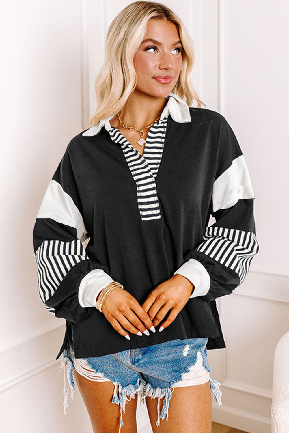 Striped Colorblock Patchwork Collar Sweatshirt