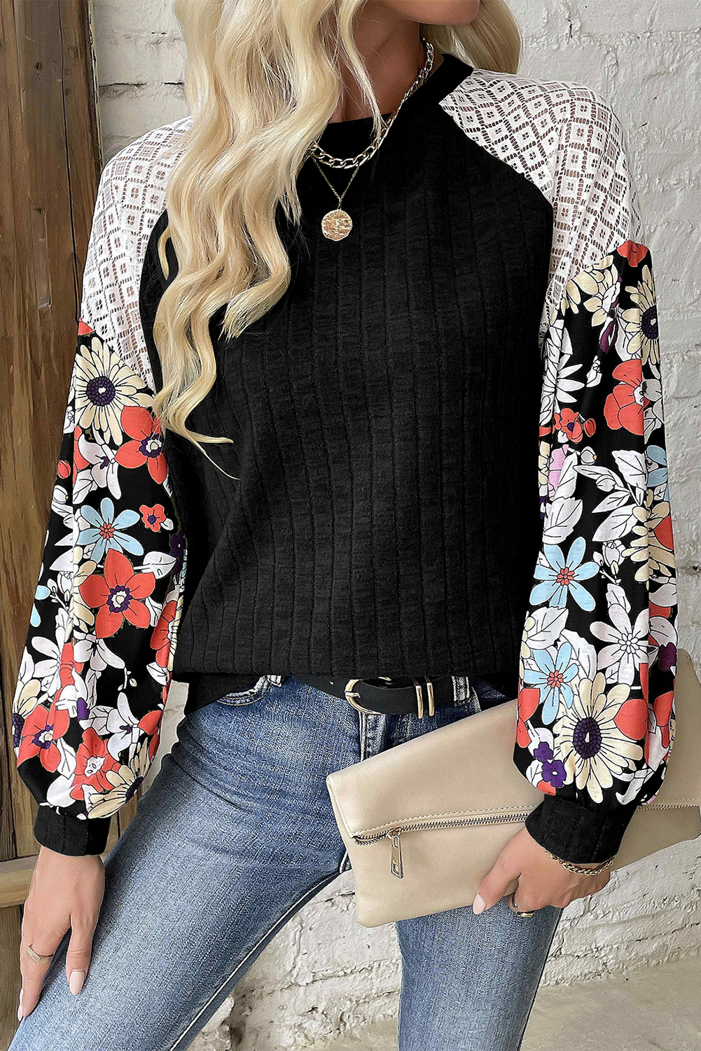 Floral Patchwork Ribbed Blouse