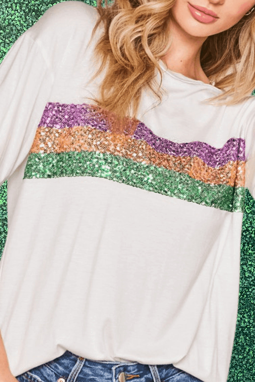 (Preorder 1.1)Mardi Gras Sequin Stripes Patchwork T Shirt