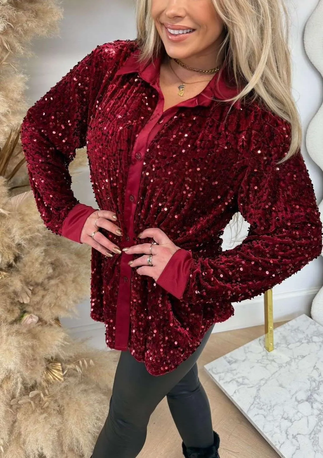 Lapel Single Row Sparkly Party Shirt