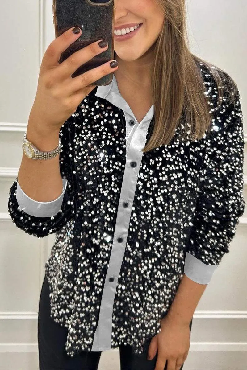 Lapel Single Row Sparkly Party Shirt