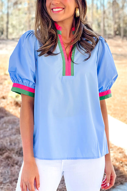 Puff Sleeve Pop of Color Neckline Blouse
