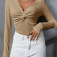 Textured Twist Front V Neck Long Sleeve Slim Solid Color Top