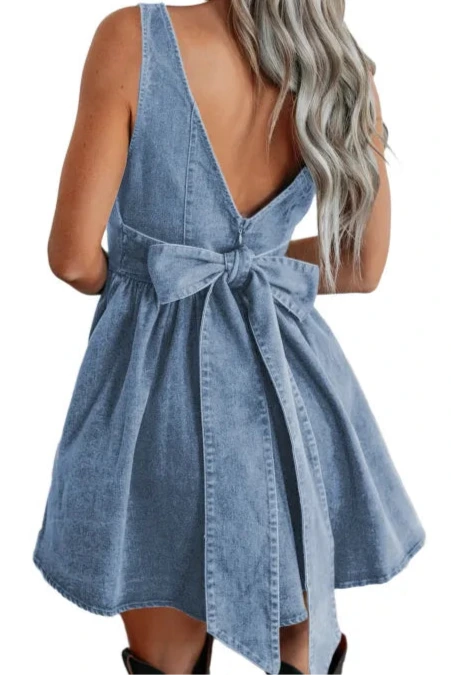 Square Neck Bowknot A-line Sleeveless Denim Dress