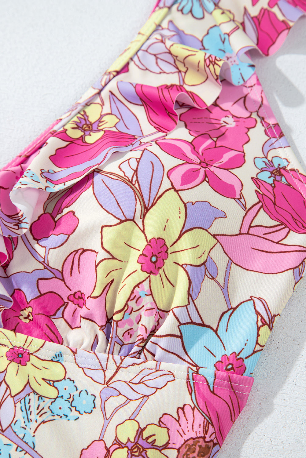 Floral Ruffle Trim V Neck Lace-up Back Tummy Control One Piece Swimsuit