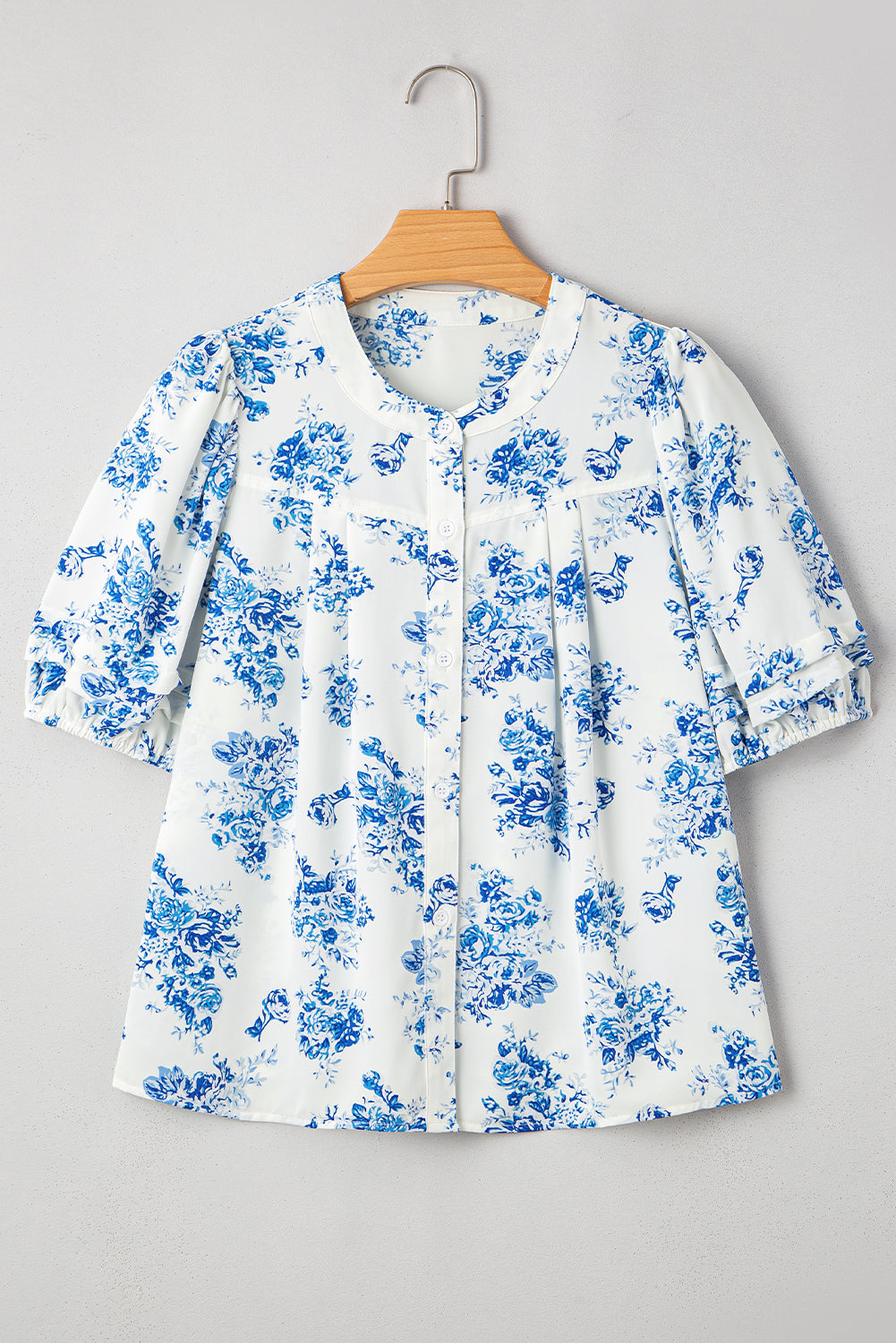 Floral Tiered Puff Short Sleeve Pleated Bust Buttoned Casual Shirt