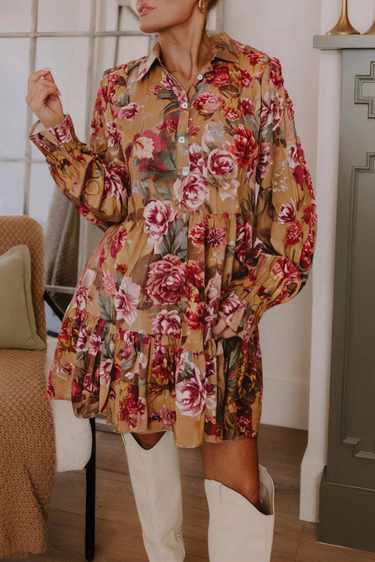 Vintage Floral Print Shirt Style Half Button Long Sleeve Ruffle Mini Dress