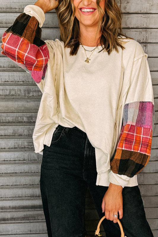 Contrast Plaid Long Sleeve Exposed Seam Patchwork Top