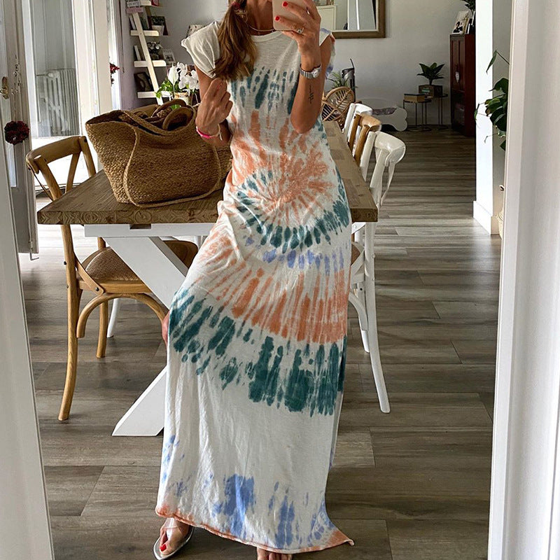 White Tie Dye Long Slit Dress