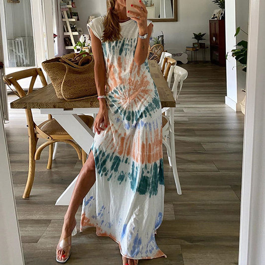 White Tie Dye Long Slit Dress