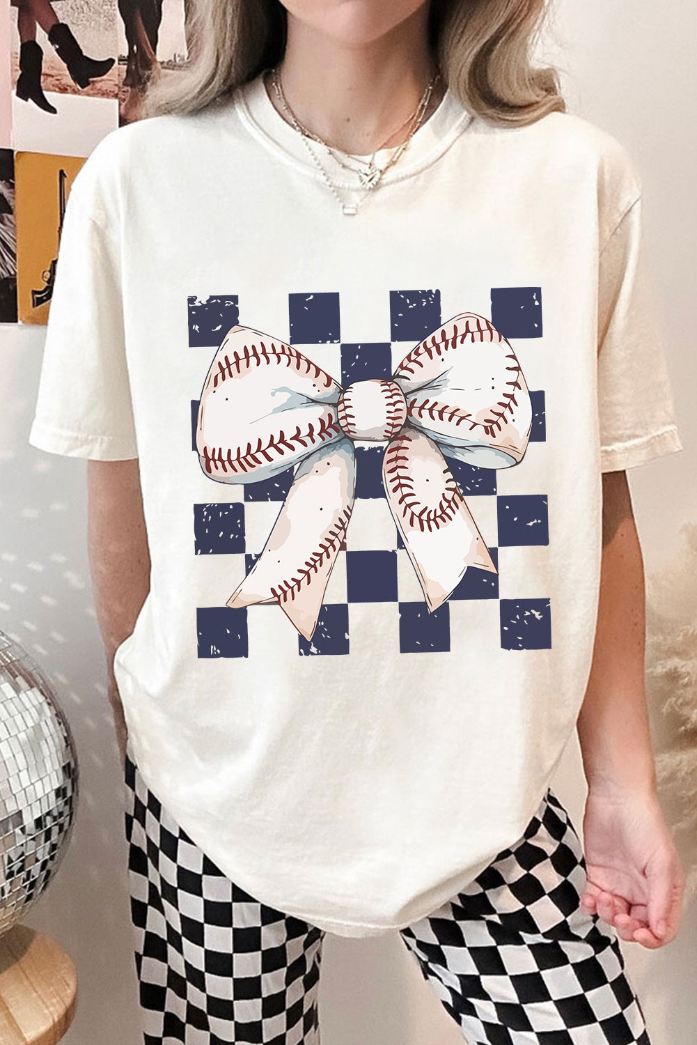 Checkered Rugby Bowknot Graphic Crew T Shirt