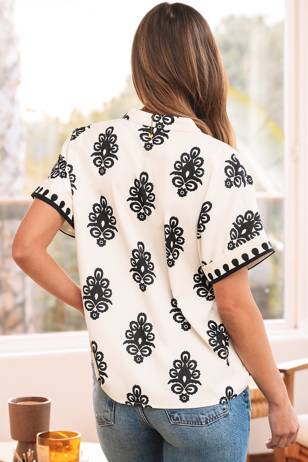 Geometric Print Short Sleeve V Neck Blouse