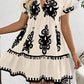 Vintage Print V Neck High Waist Short Sleeve Dress