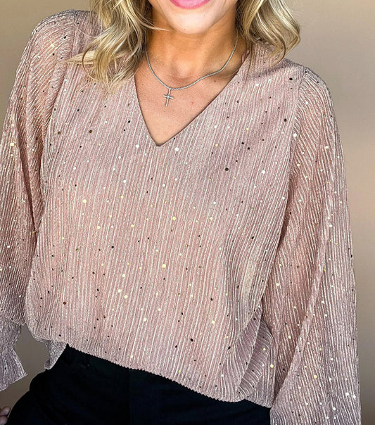 V Neck Sequin Plisse Long Sleeve Blouse