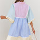 Striped Patchwork Ric Rac Puff Sleeve Collared Mini Dress