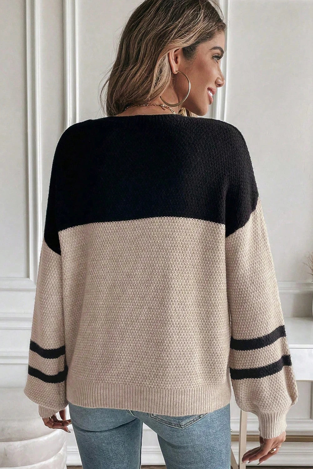 Block Knit Striped Sleeve Detail Casual Sweater