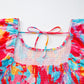 Abstract Printed Puff Sleeve Square Neck Smocked Bust Tied Back Plus Size Dress