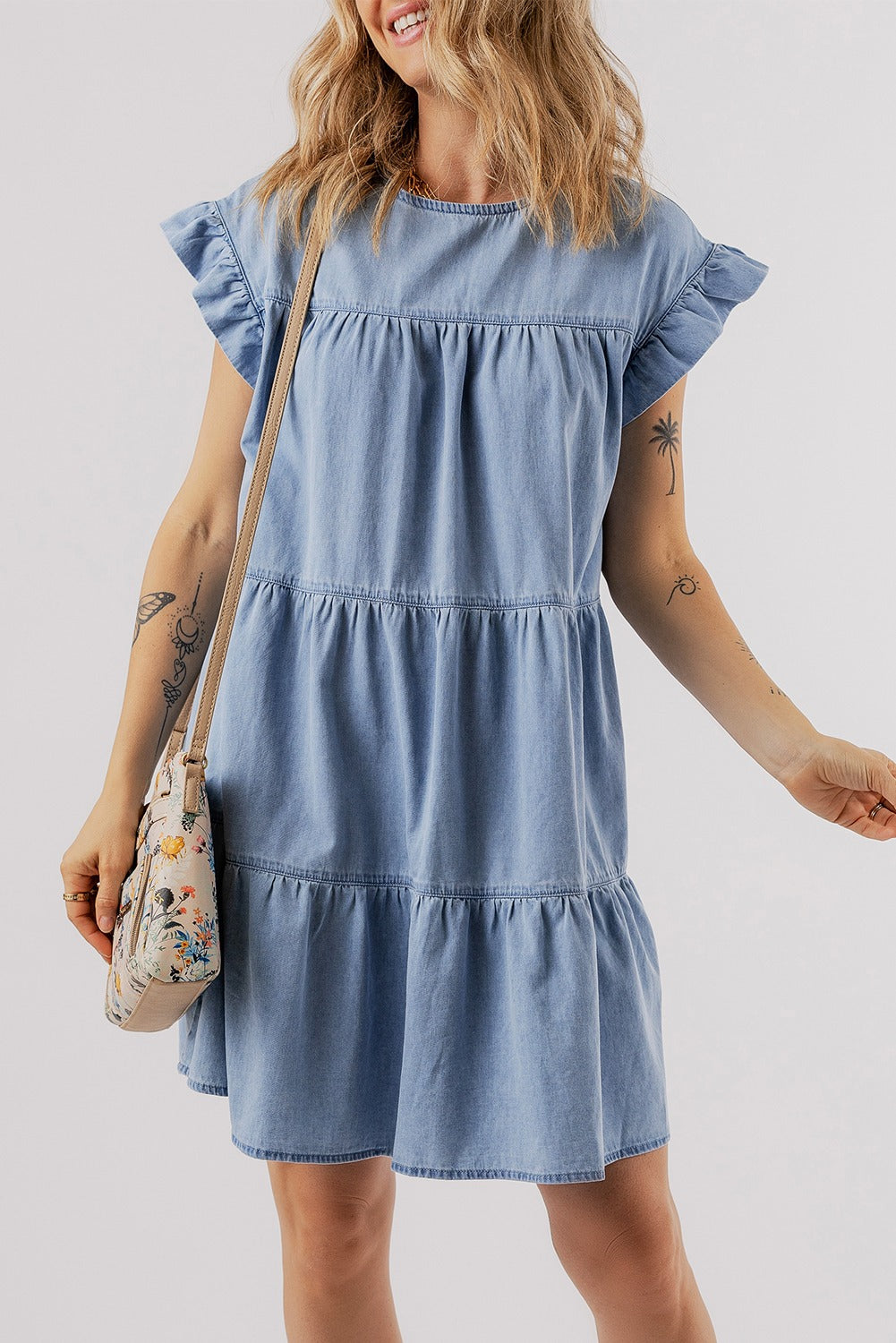 Ruffle Short Sleeve Tiered A-line Denim Dress