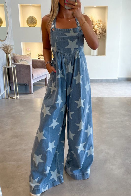 Star Buttoned Strap Pleat Wide Leg Denim Overall