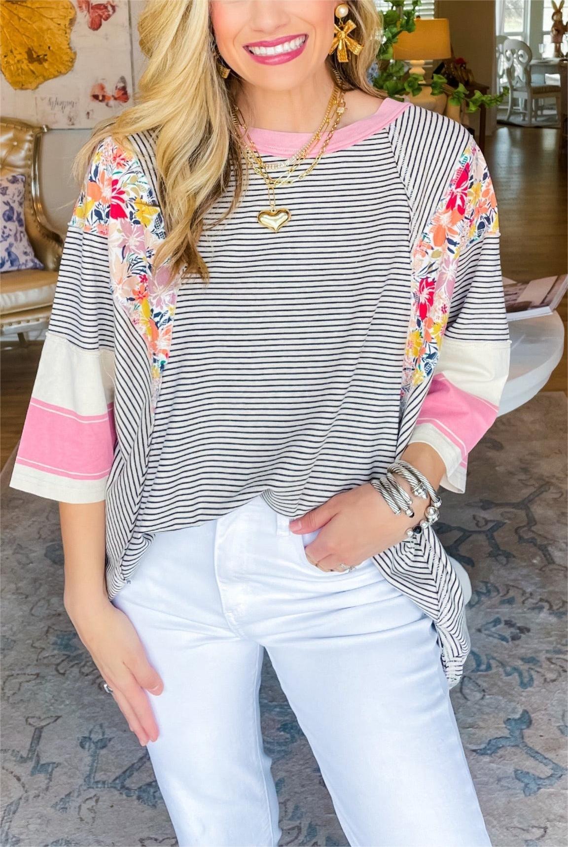 Pinstriped Color Block Patchwork Top