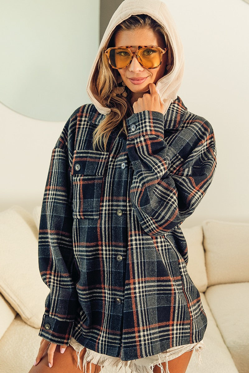 Hooded (removable) Wool Plaid Jacket