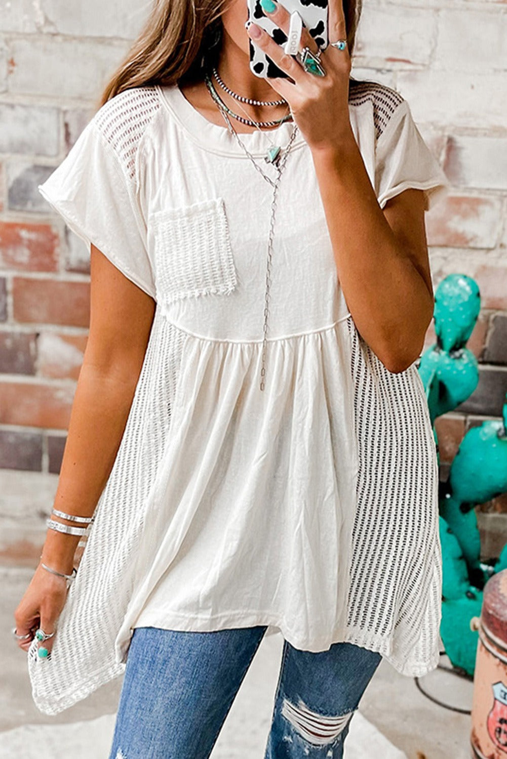 Hollow Knit Splicing Keyhole Back Tunic Top