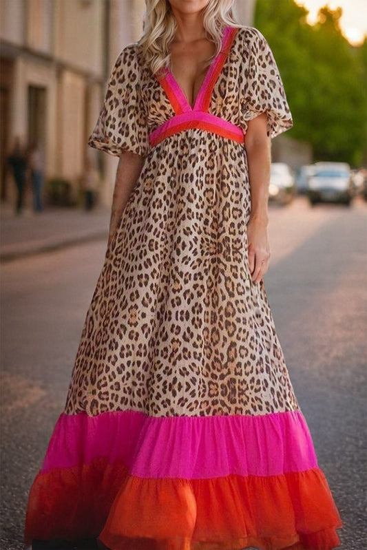 Leopard Colorblock Bubble Sleeve Maxi Dress