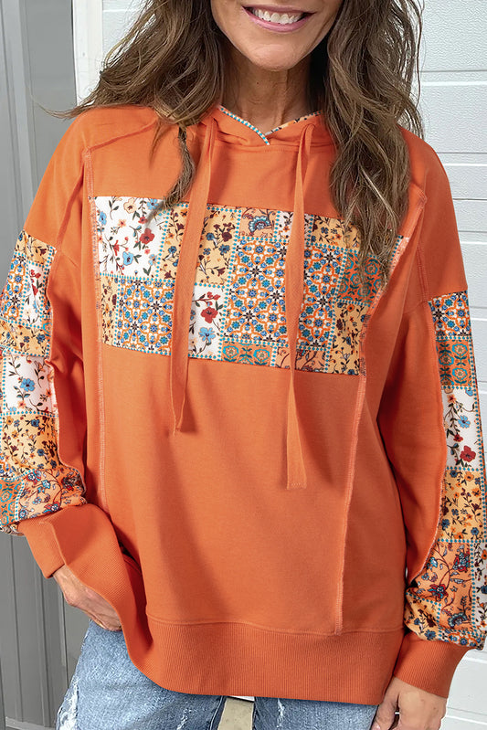 Mix Floral Patchwork Side Slit Drawstring Hoodie