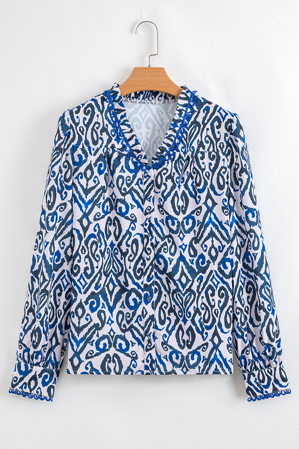 Bohemian Print Embroidered V Neckline Detail Long Sleeve Shirt