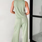 Smoke Green Textured Tank Top and Drawstring High Waist Pants Set