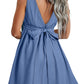 Square Neck Bowknot A-line Sleeveless Denim Dress