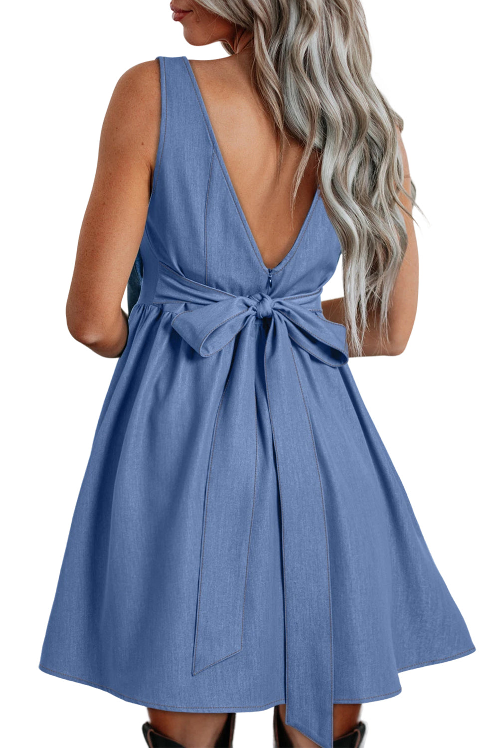 Square Neck Bowknot A-line Sleeveless Denim Dress