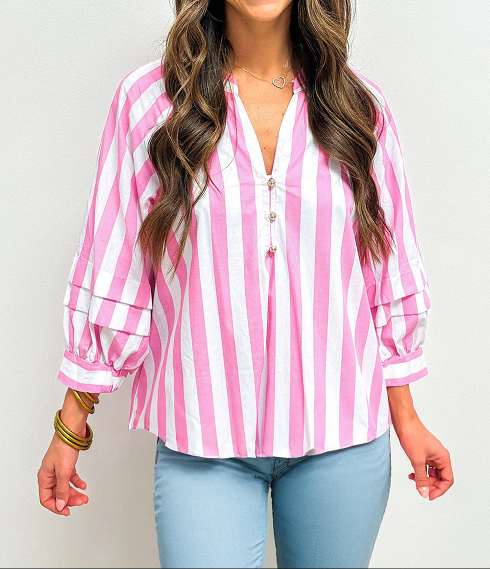 Split Neck Button Decor Front Puff Sleeve Blouse