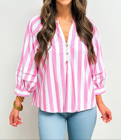 Split Neck Button Decor Front Puff Sleeve Blouse